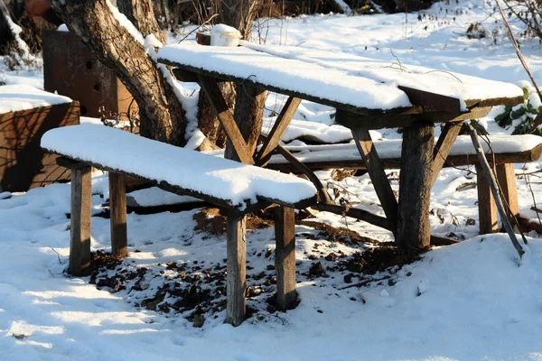 Benches and table in winter garden — Stock Photo, Image