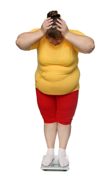Women with overweight on scales — Stock Photo, Image