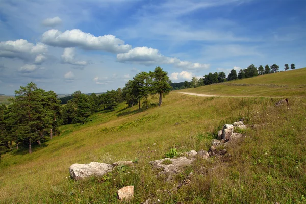 Пейзаж с камнями и дорога на холме — стоковое фото