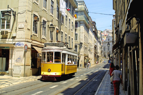 Typical yellow tram in Lisbon