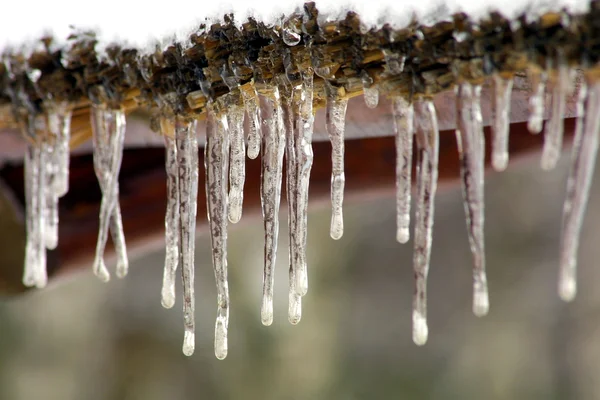 stock image Long icicles on the wooden roof