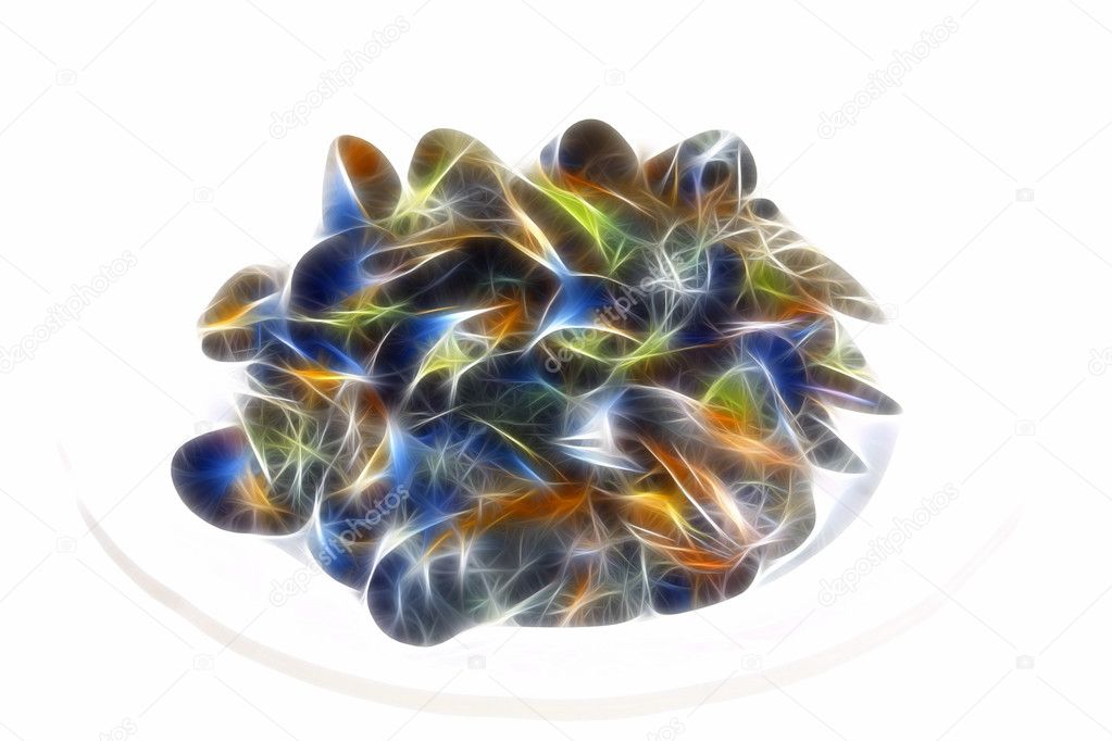 Fractal image with mussels on a plate