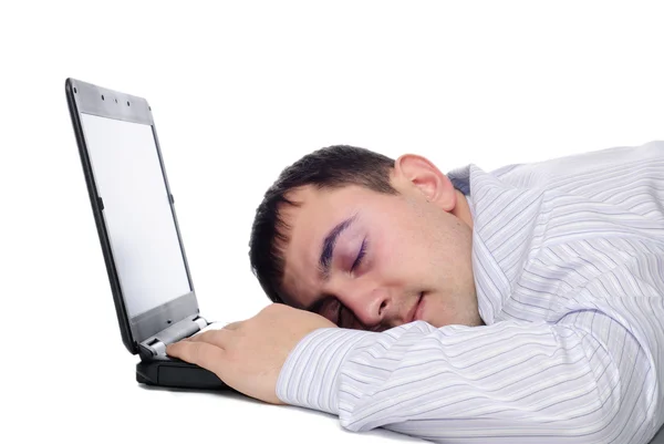 男子睡在笔记本电脑上 — 图库照片