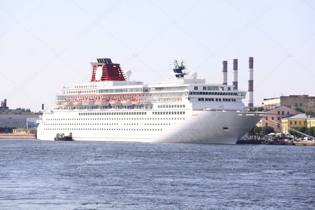 Luxury white cruise ship shot at angle a