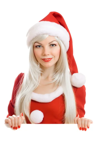 Female Santa Claus holding blank sign — Stock Photo, Image