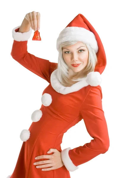 女性圣诞老人持有手铃 — 图库照片