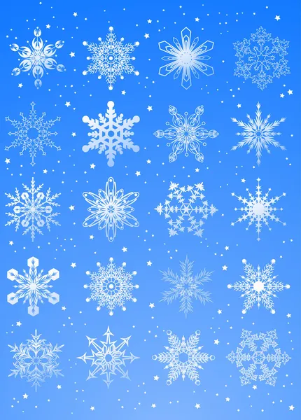 20 belos flocos de neve de cristal frio — Vetor de Stock