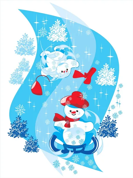 Deux bonhomme de neige sur luge — Image vectorielle