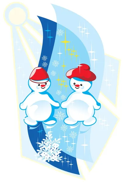 Twee sneeuwmannen op een heldere winterdag — Stockvector