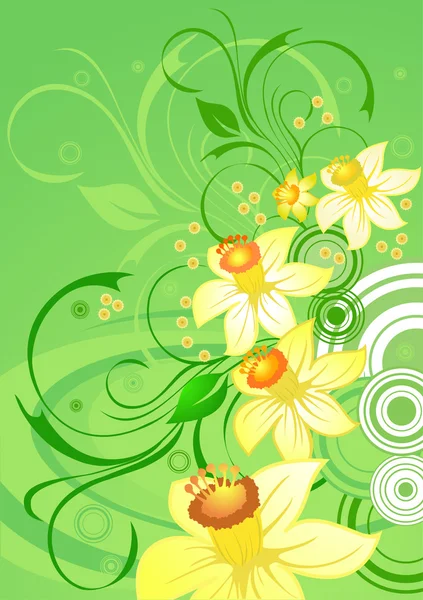 绿色花卉背景上的水仙花 — 图库矢量图片