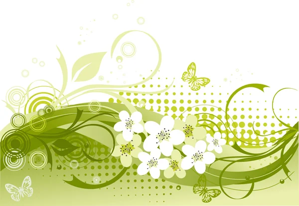 Diseño floral verde con mariposas — Vector de stock