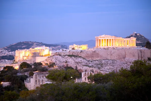 Akropolis Athény Řecko v noci — Stock fotografie