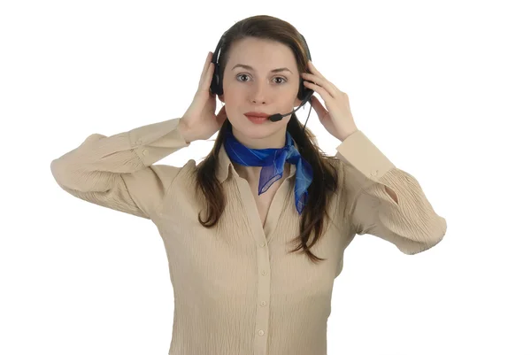 Junges hübsches Mädchen spricht mit Headset. — Stockfoto