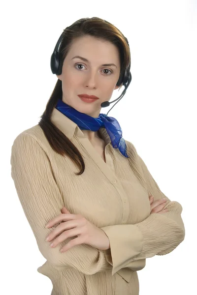 Mooi meisje spreken met headset. — Stockfoto