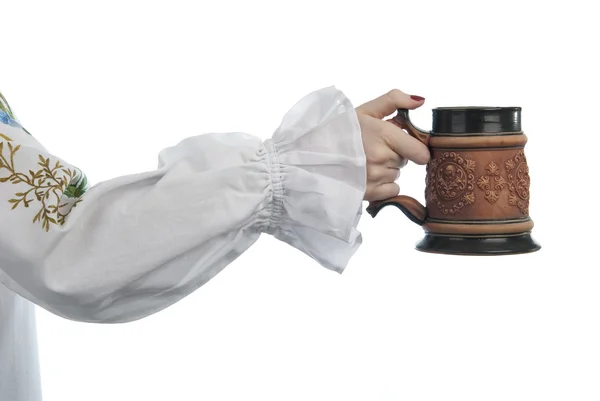 Woman's hand holding beer mug — Stock Photo, Image