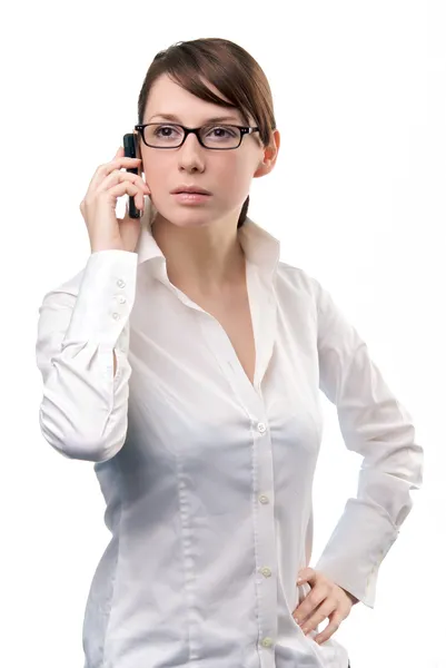 Joven mujer de negocios sosteniendo teléfono celular —  Fotos de Stock