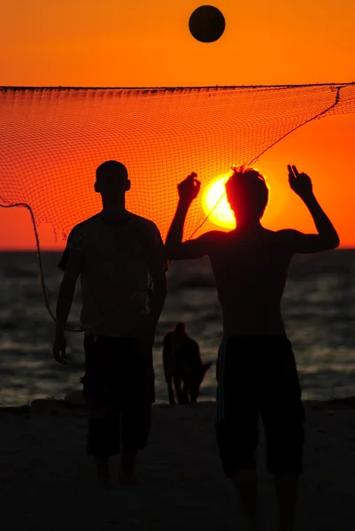 在夕阳下打沙滩排球 — 图库照片