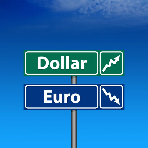 Sinal de estrada, dólar para cima, euro para baixo — Fotografia de Stock
