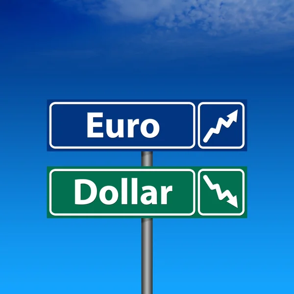 Tanda jalan, Euro naik, dolar turun — Stok Foto