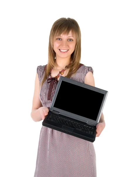 Милая женщина держит ноутбук — стоковое фото