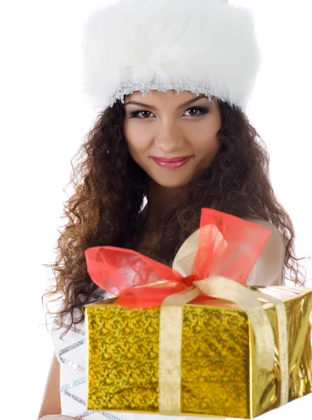 Cute woman with red christmas gift — Stock Photo, Image