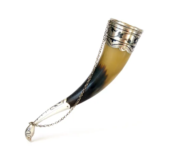 Drinking horn and grapes on white — Stock Photo, Image
