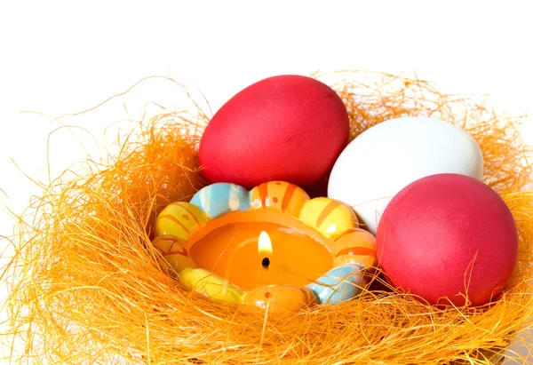 Uova e candele in un piccolo nido — Foto Stock