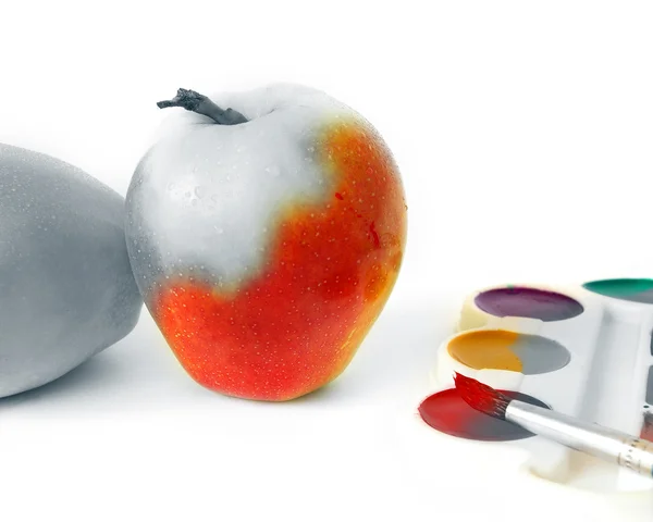 Apple and paints on white — Stock Photo, Image