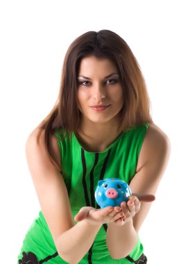 Pretty woman hold piggy bank clipart