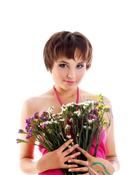 Cute girl wild flowers — Stock Photo, Image