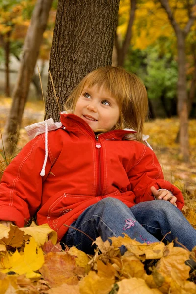 Симпатична дівчинка сидить біля дерева — стокове фото