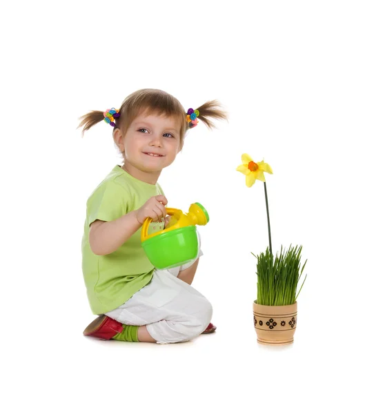 Niedliches kleines Mädchen, das die Blume wässert — Stockfoto