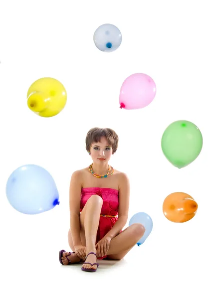 Linda chica joven con globos de colores —  Fotos de Stock