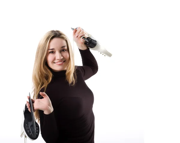 stock image Cute young woman and skates