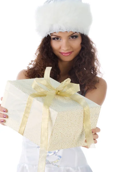 Cute woman with a christmas gift — Stock Photo, Image