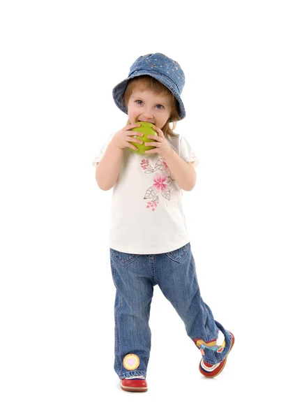 Μικρό κορίτσι και πράσινο μήλο — Φωτογραφία Αρχείου