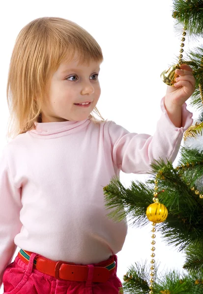 Menina perto da árvore de Natal e — Fotografia de Stock