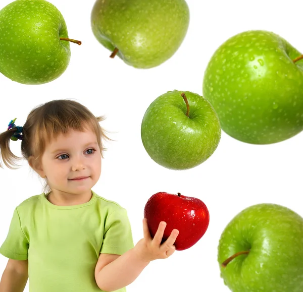 Little girl with ripe red apple — Stock Photo, Image