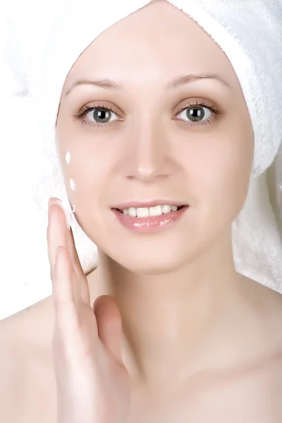 Young girl with towel on her head — Stock Photo, Image