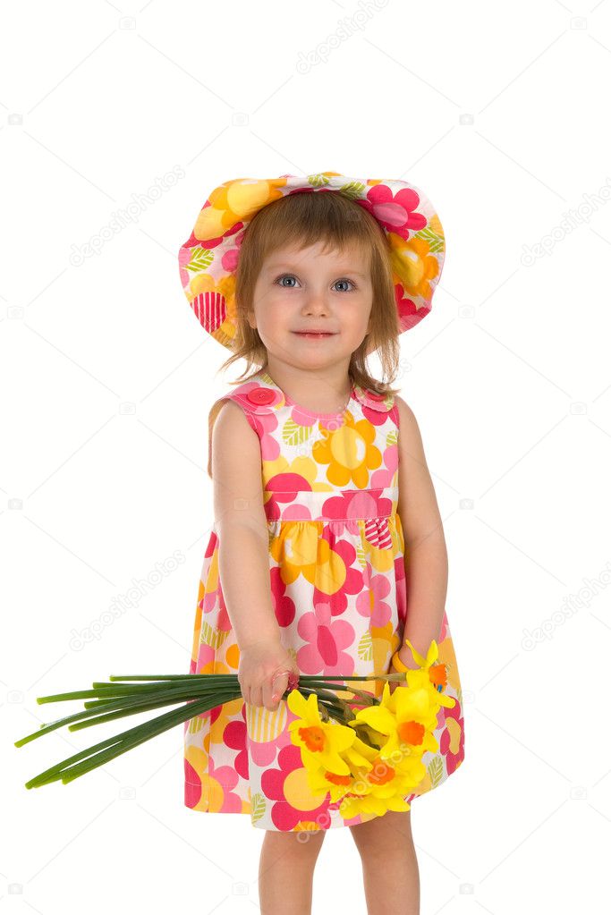 Studio shot little girl with flowers