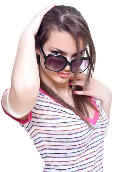 Žena v růžové košili s brýlemi — Stock fotografie