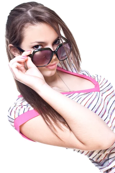 Γυναίκα σε ένα ροζ πουκάμισο με τα γυαλιά — Φωτογραφία Αρχείου