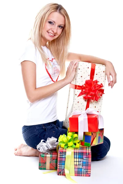 Beautiful woman with holiday gift — Stock Photo, Image
