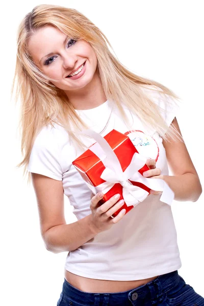 Beautiful woman with holiday gift — Stock Photo, Image