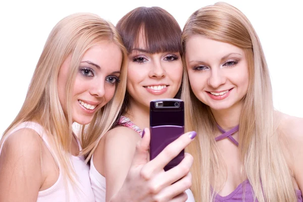 Three girls with phone — Stock Photo, Image