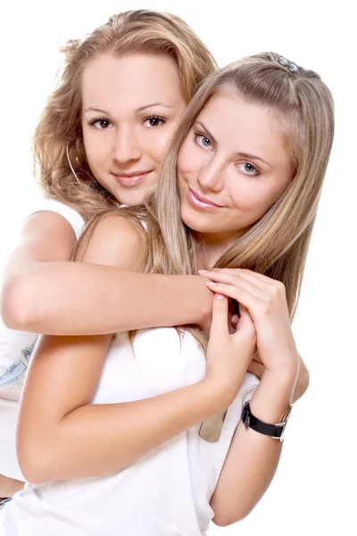 Two beautiful women in a white T-shirts — Stock Photo, Image