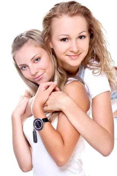 Two beautiful women in a white T-shirts — Stock Photo, Image