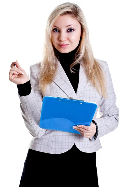 Vrouw in een vest met Klembord — Stockfoto