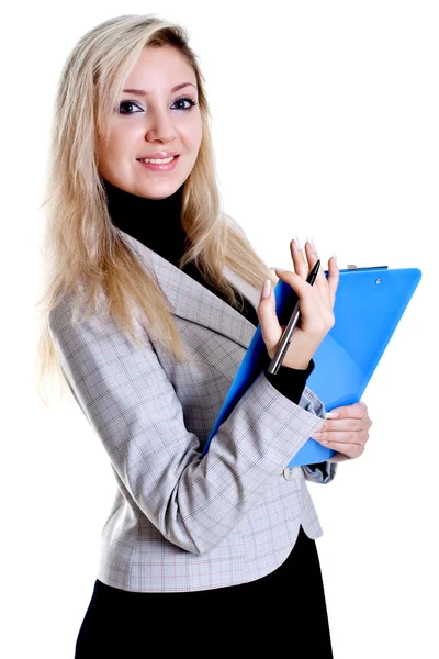 Woman in a jacket with clipboard — Stock Photo, Image