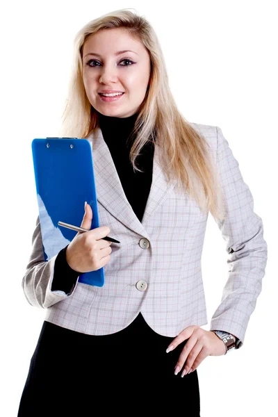 Woman in a jacket with clipboard — Stock Photo, Image